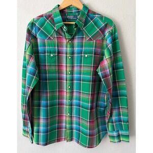 Vtg Polo Ralph Lauren Mens Western Pearl Snap Shirt XL Cotton Linen Green Plaid